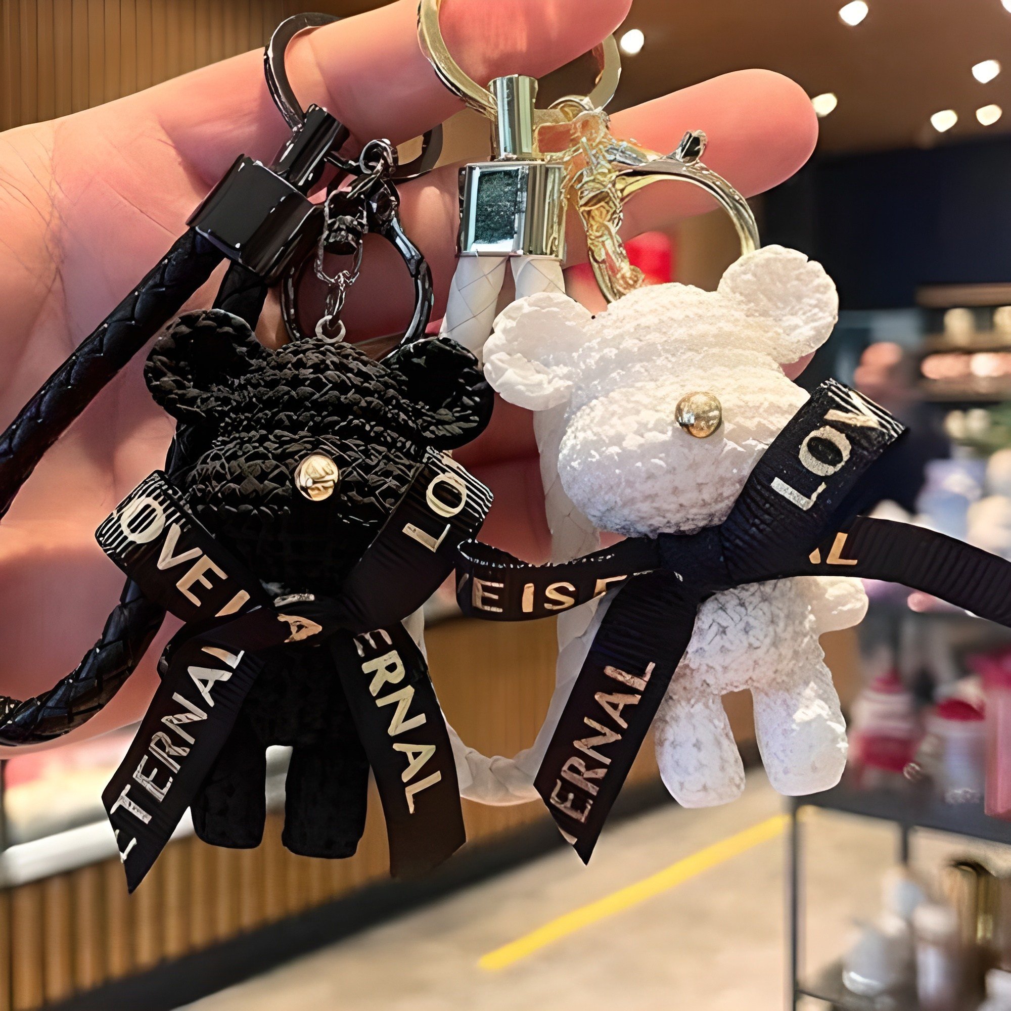 버블리데이 귀여운 니트 곰돌이 키링 2종 세트, 화이트 + 블랙, 1세트 상세 이미지 1
