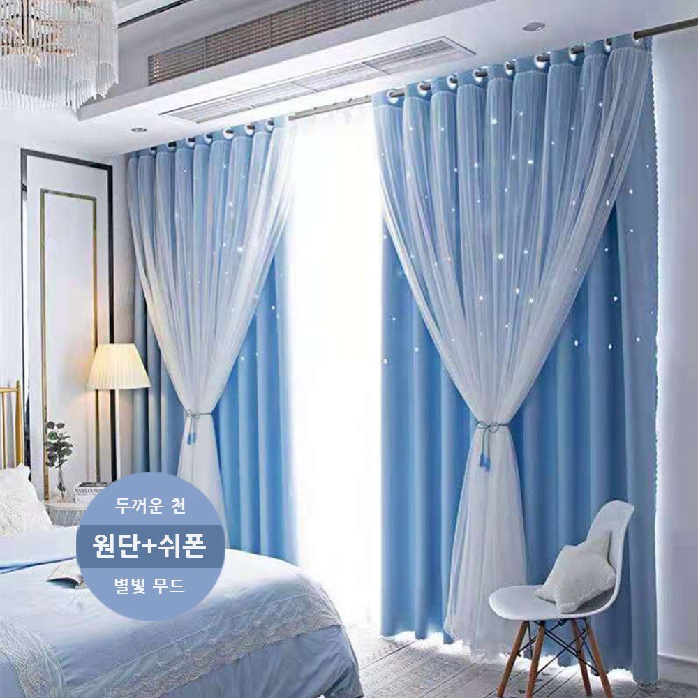 공주풍 커튼 암막커튼+레이스커튼 합쳐 세트 아일렛형 사계절 방풍 방한 단열 레이스커튼 암막커튼 상세 이미지 1